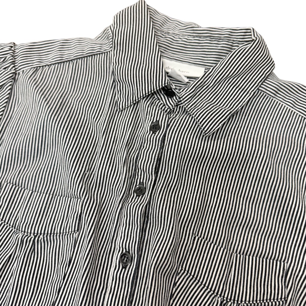 Dressbarn Button Down Shirt Womens Medium Black White Pinstripe Short Sleeve Top
